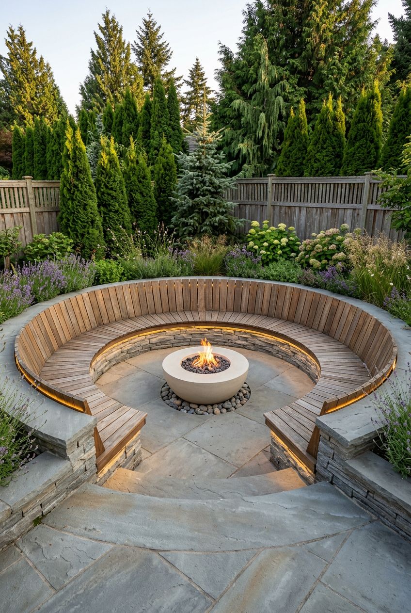An elegant sunken circular fire pit commands attention, embraced by an expansive curved wooden bench that hugs the perimeter of the stone pa.
