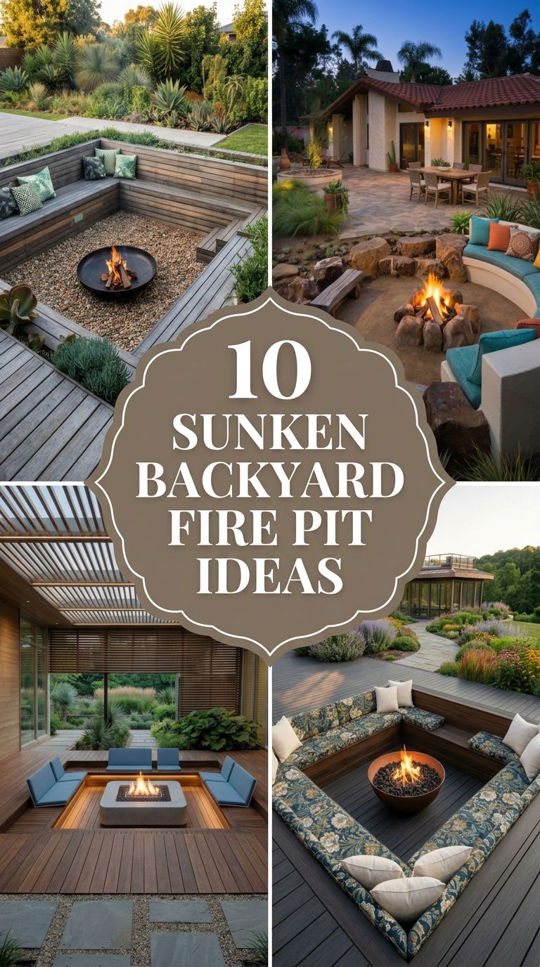 Pinterest banner for 10 Sunken Fire Pit Ideas for a Stunning Backyard Upgrade