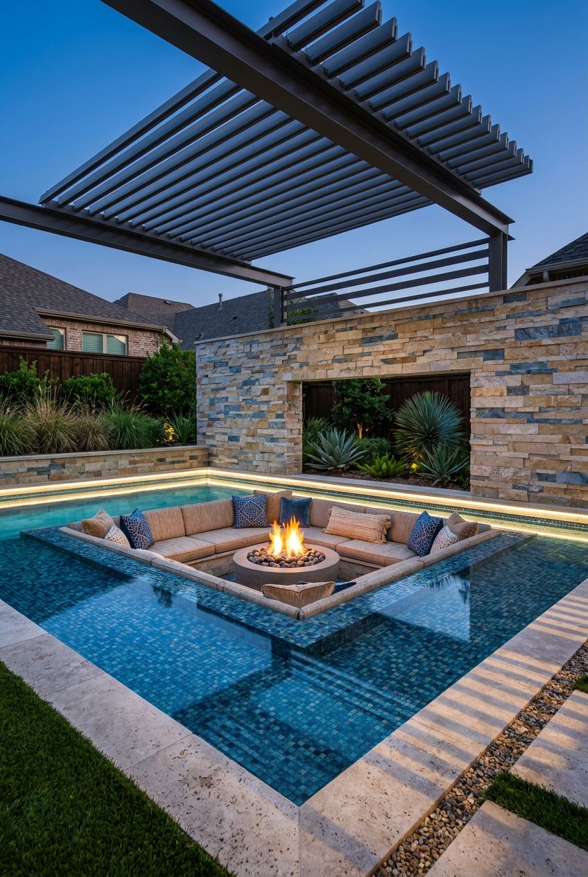 Capture the essence of innovative outdoor living with a sunken seating area built into a mosaic-tiled pool.