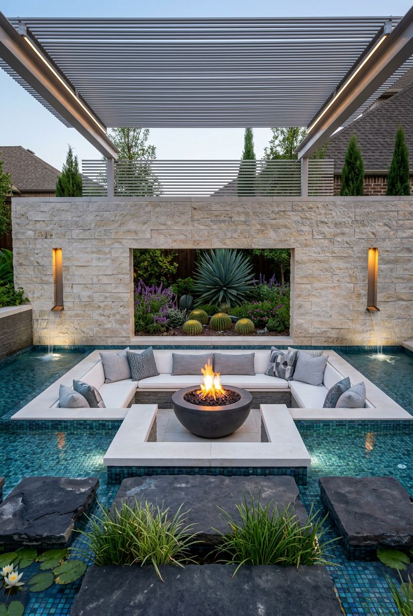 Depict a unique sunken fire pit lounge set at the center of a tiled pool, accessed by stepping stones.