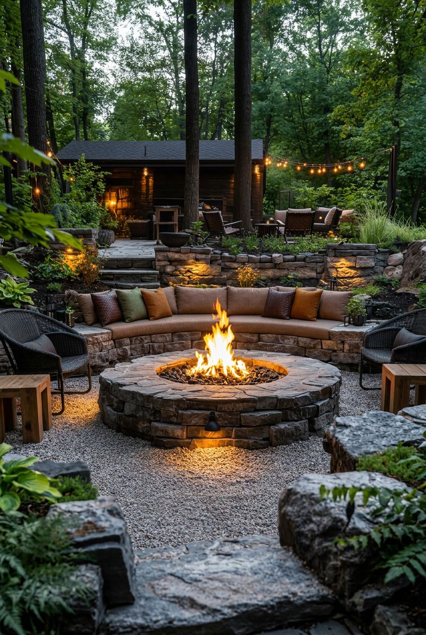 An impressive, sunken outdoor lounge centered around a wide, stone circular fire pit, surrounded by custom-built curved seating crafted from.