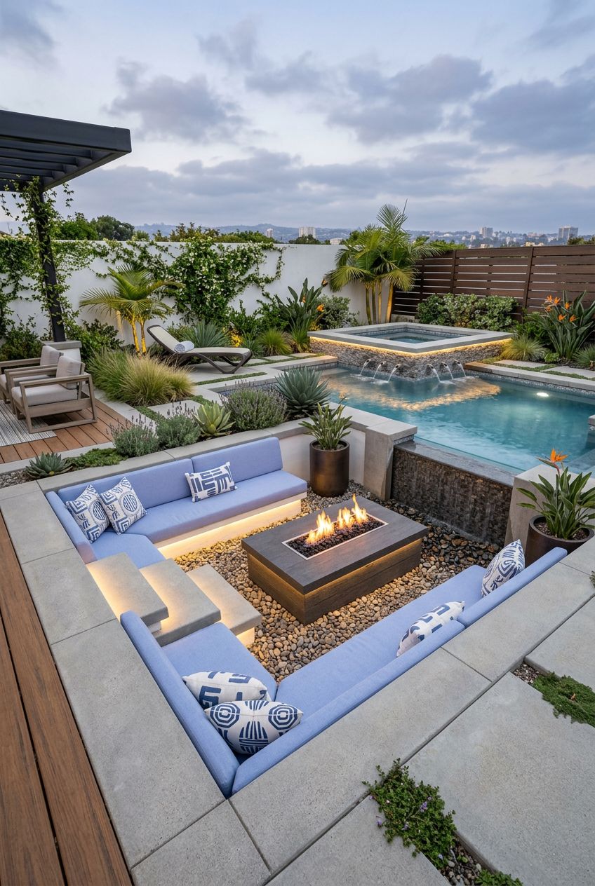 Design a backyard retreat with a sunken fire pit lounge integrated beside a tranquil pool.