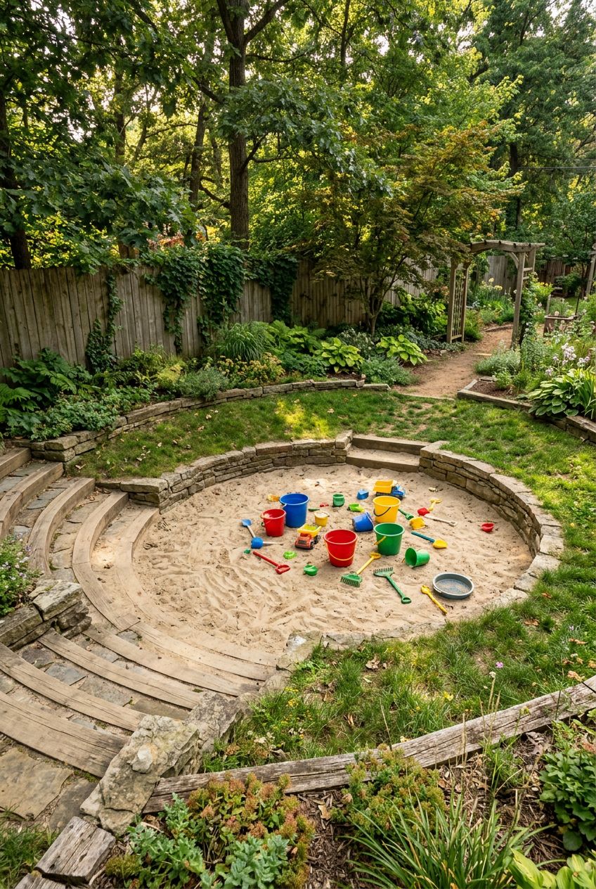 A unique sunken sand bowl carved into the backyard, bordered with gentle slopes and low retaining walls, creating a natural amphitheater for.