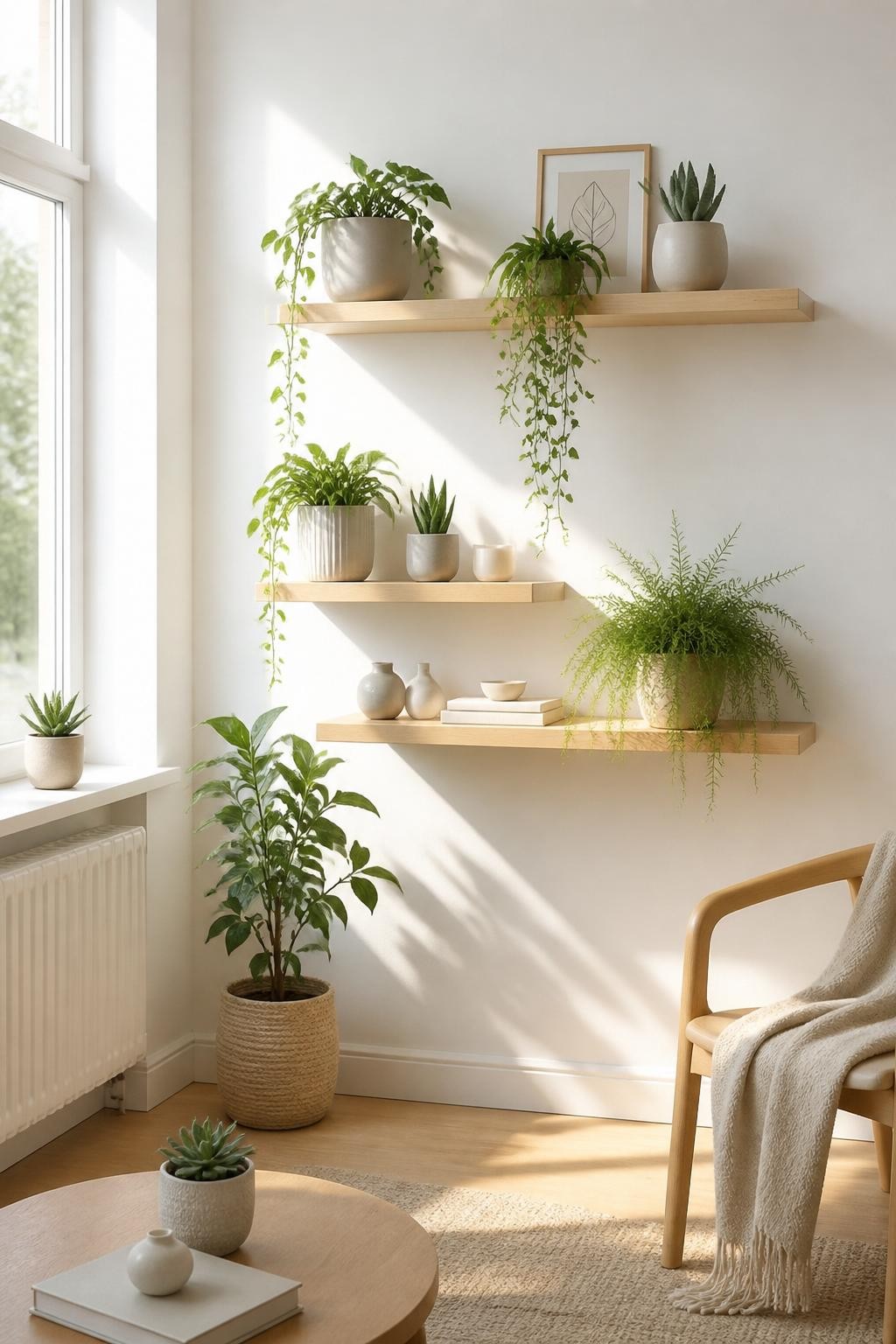 A stylish and airy space features a trio of light wood floating shelves mounted on a white wall, each shelf neatly arranged with trailing pa.