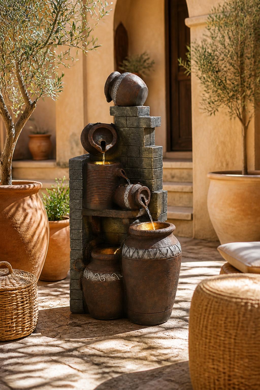 Use the uploaded Dephet 6-Tiers Garden Waterfall Fountain exactly as the reference product, preserving its cascading pottery jug motif, eart.