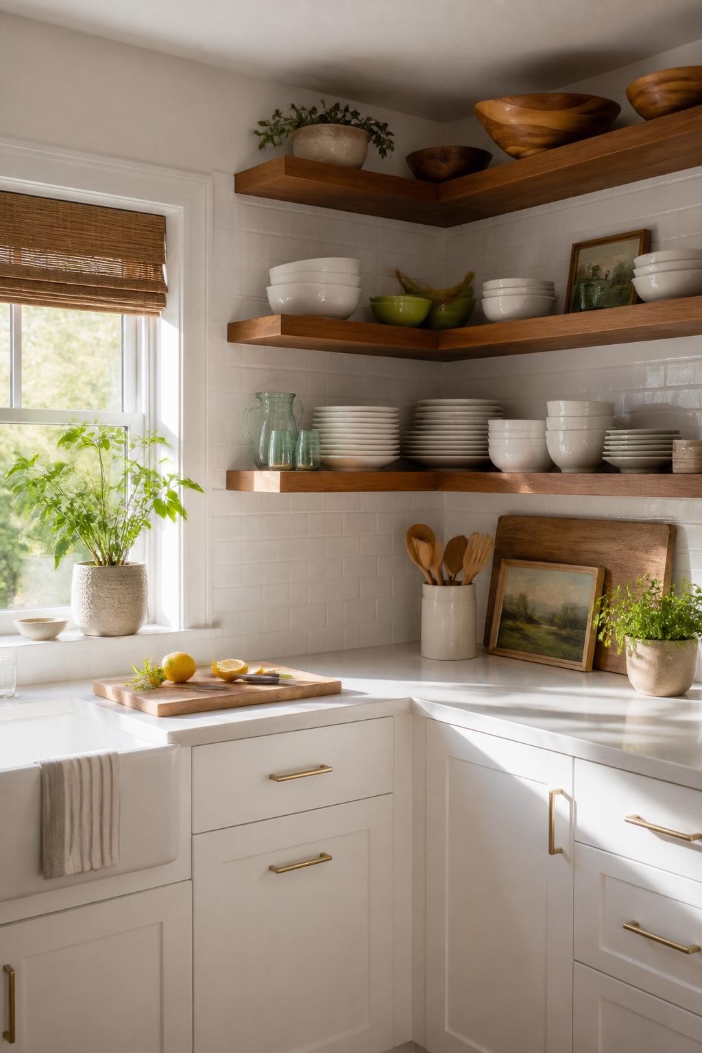 Sun-drenched minimalist corner kitchen with wide natural wood floating shelves, stacked with classic white dishware, smooth glassware, and s.
