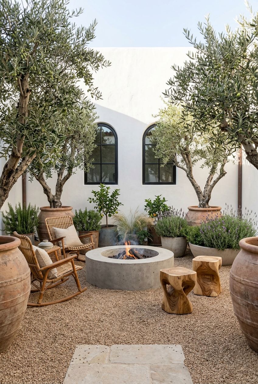 A striking modern gravel fire pit space is bright and sun-filled, defined by a broad circular concrete fire pit.