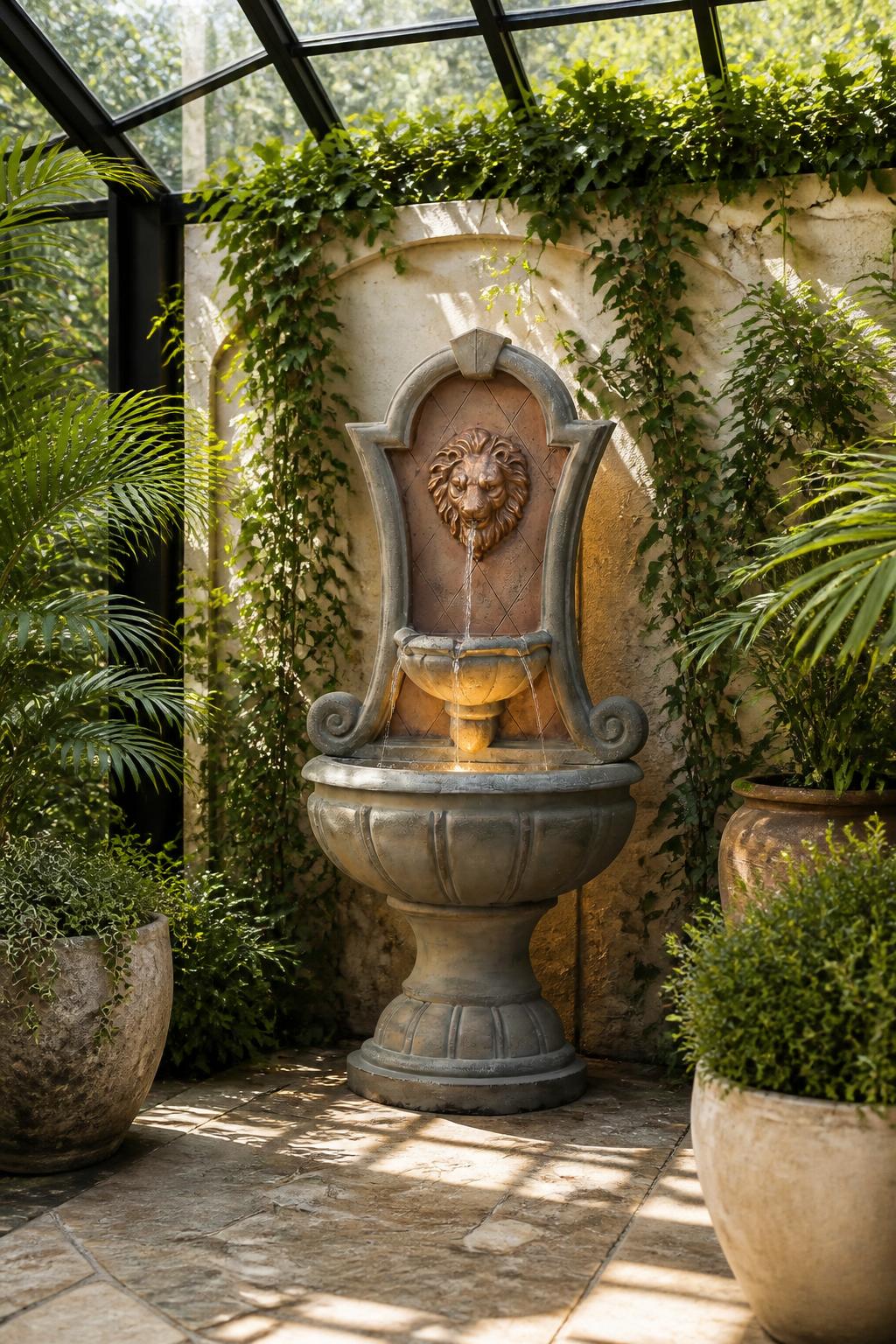 Use the uploaded Bumilgar Outdoor Wall Fountain with LED Lights exactly as the reference product, preserving the intricate dark finish, orna.