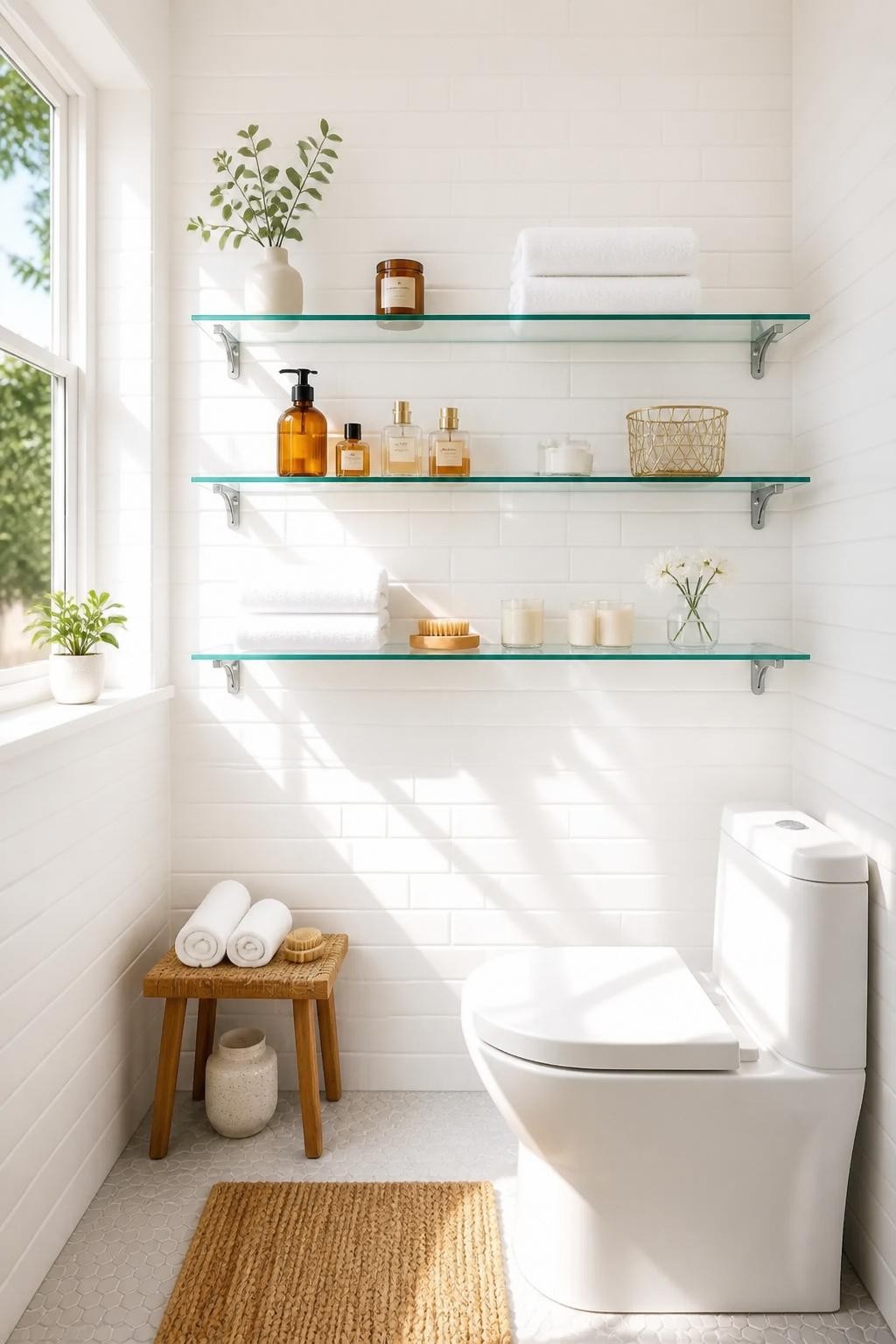 A sun-drenched, bright bathroom dominated by white subway tiles and simple floating glass shelves positioned above a modern toilet.