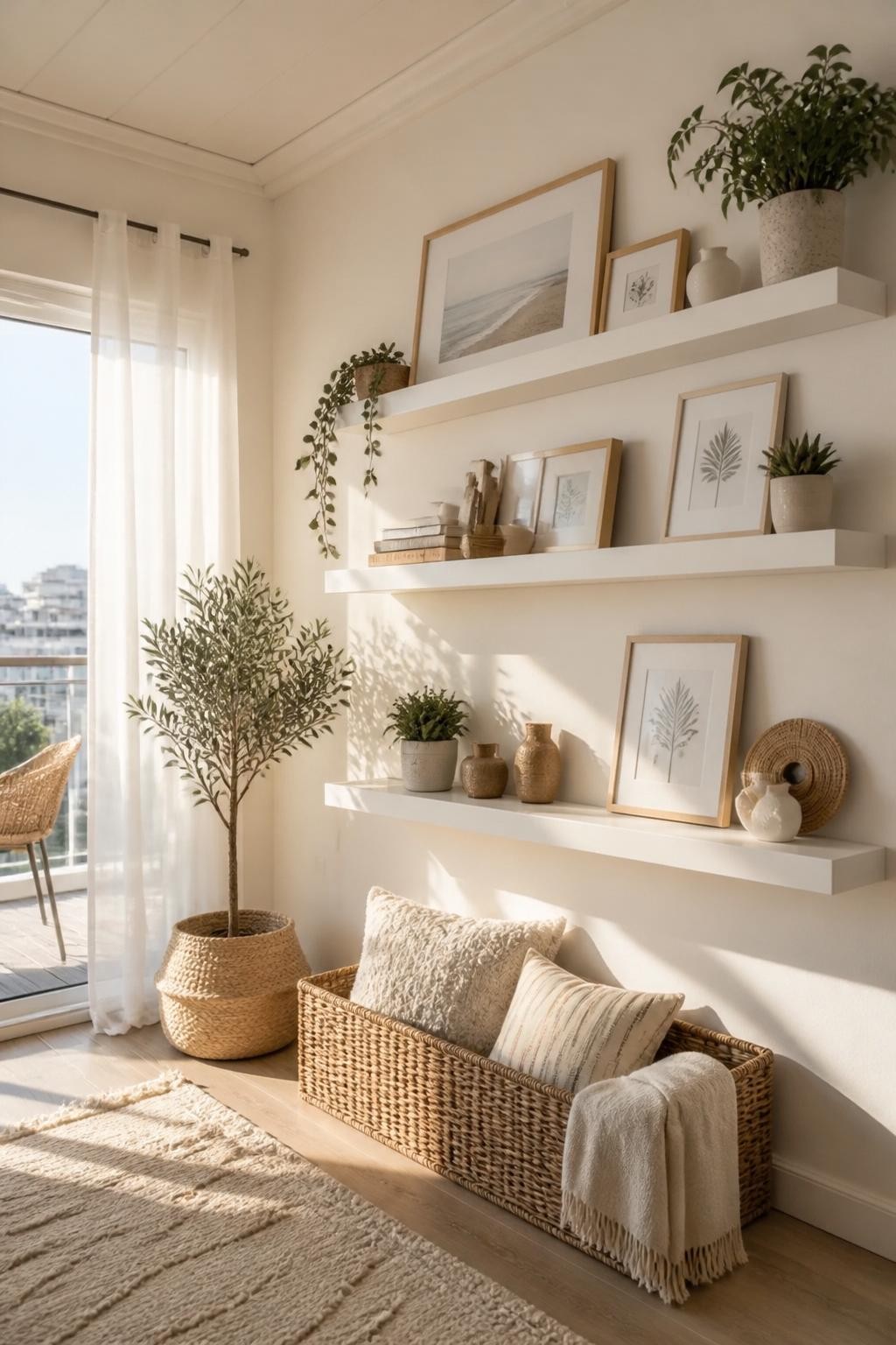 A sun-drenched boho living room corner featuring three slim floating white shelves arranged asymmetrically.