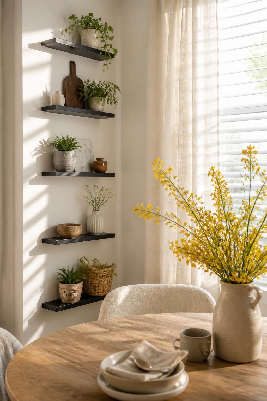 A sun-soaked breakfast nook features a narrow vertical column of five small black floating shelves filled with petite potted plants, recipe.