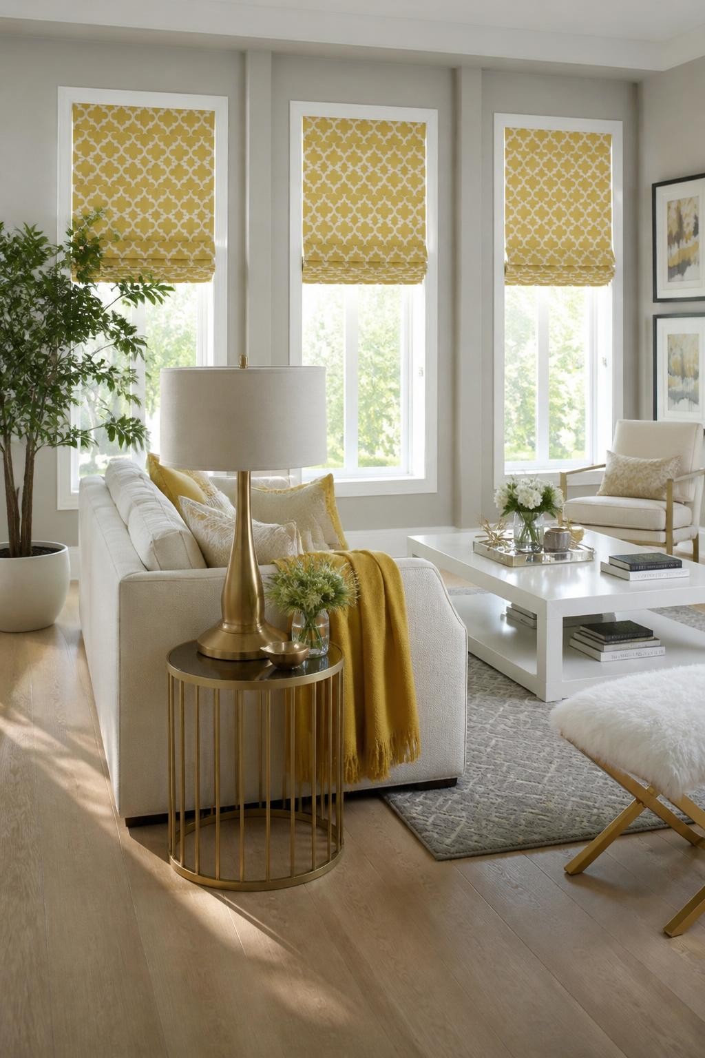 An airy modern glam living room with oversized windows fitted with mustard yellow patterned roman blinds as a striking centerpiece.