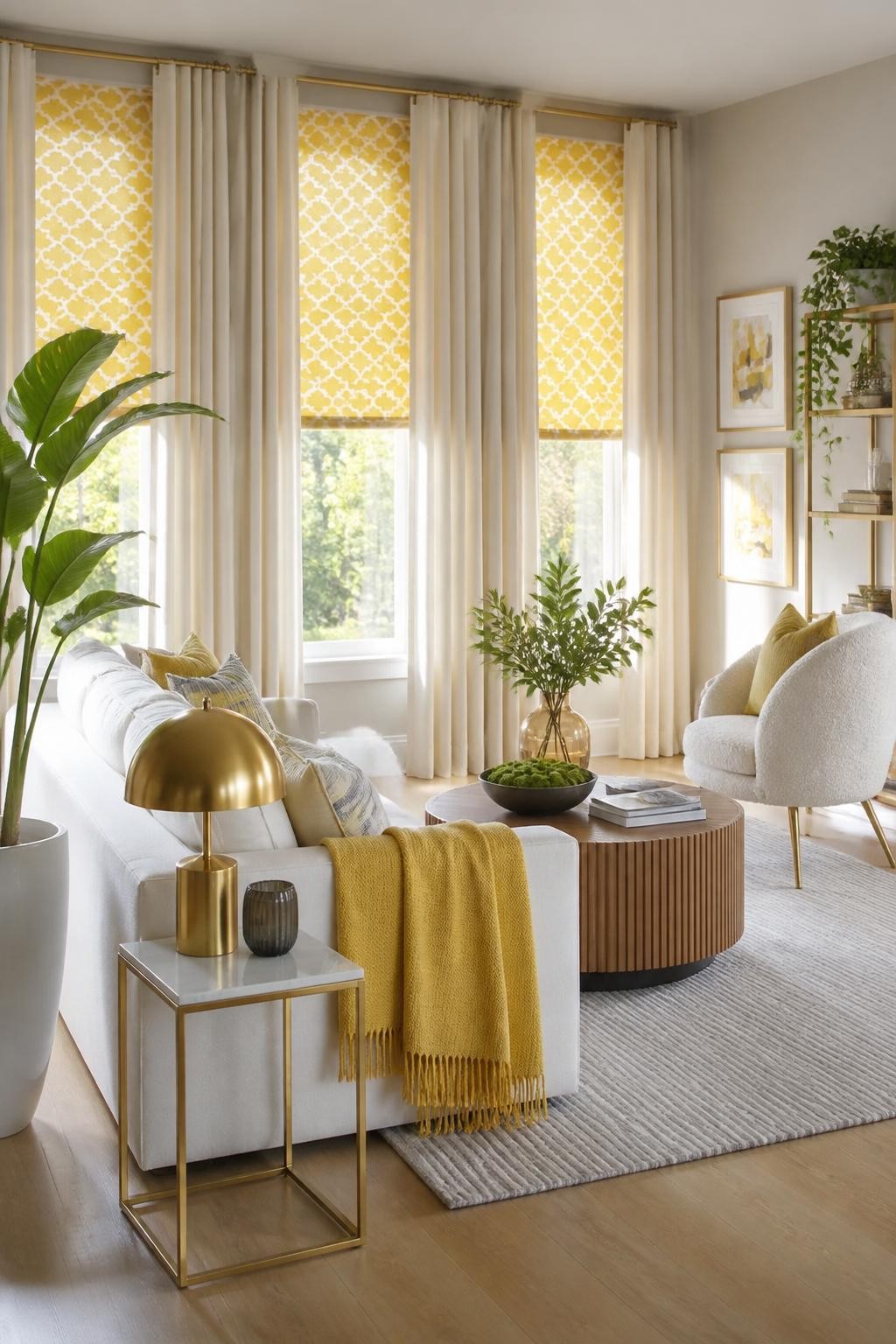 A cheerful, sun-drenched living room showcases bold yellow patterned roller blinds layered beneath vertical cream drapes, giving energetic p.