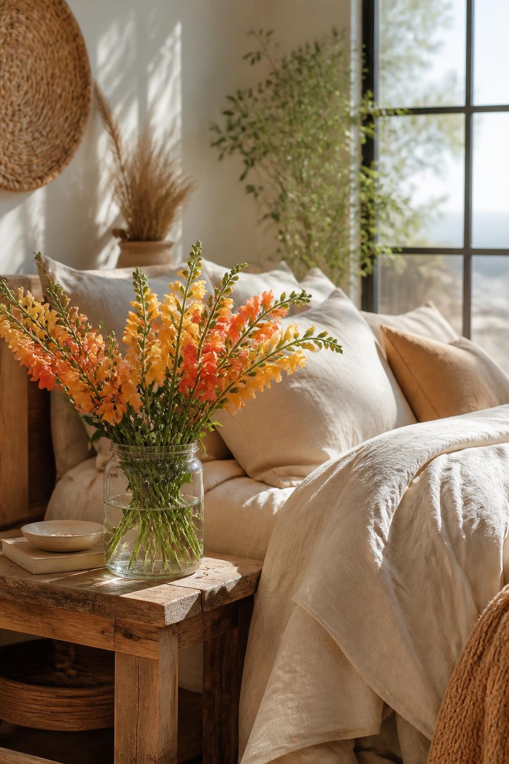 A light-filled modern boho bedroom focuses on a spirited arrangement of orange and yellow snapdragons in a clear glass jar on a rustic woode.