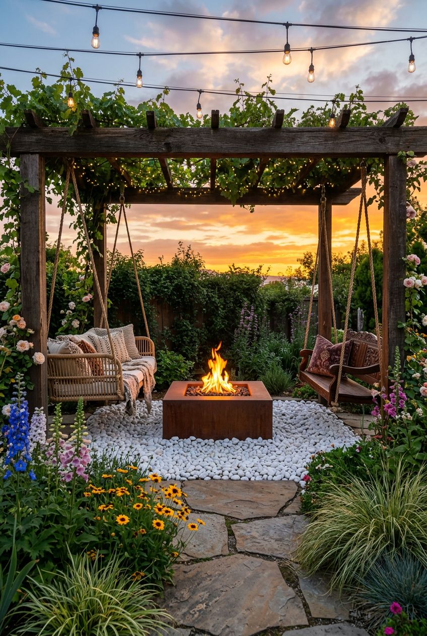 A magical sunset garden highlighted by a sturdy wooden pergola draped in lush vines, featuring two rustic wooden hanging swings flanking a m.