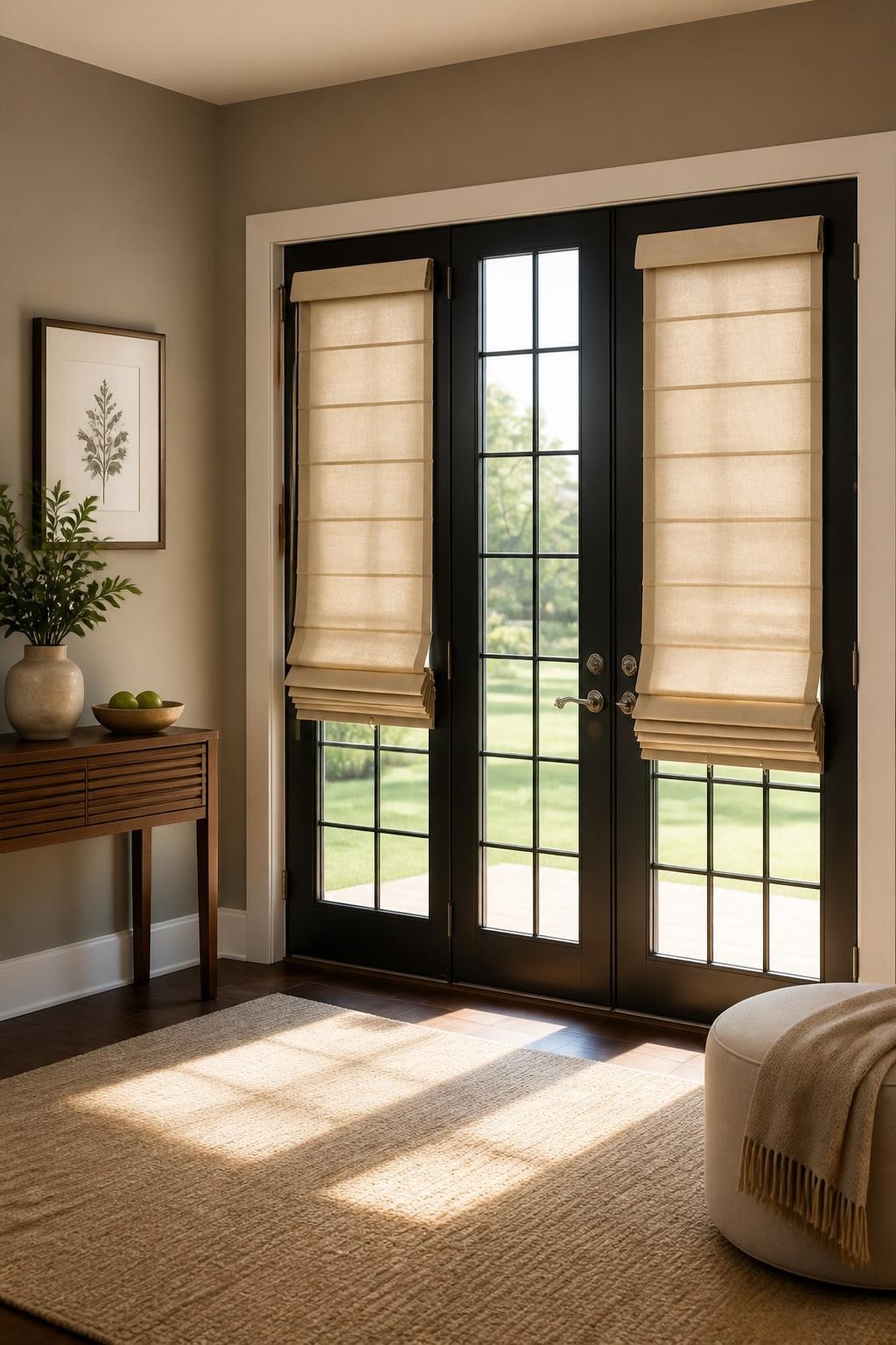 A refined entry with dual black French doors featuring expansive glass panels, dressed with tailored tan roman blinds for soft privacy.