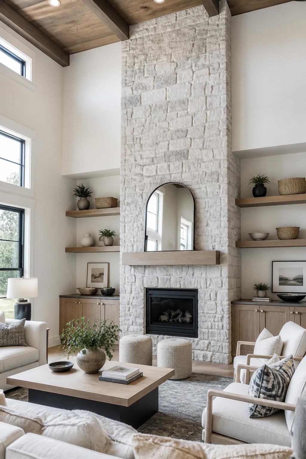 A dramatic great room with soaring ceilings and a towering whitewashed stone fireplace as the central feature, complemented by a wide light.