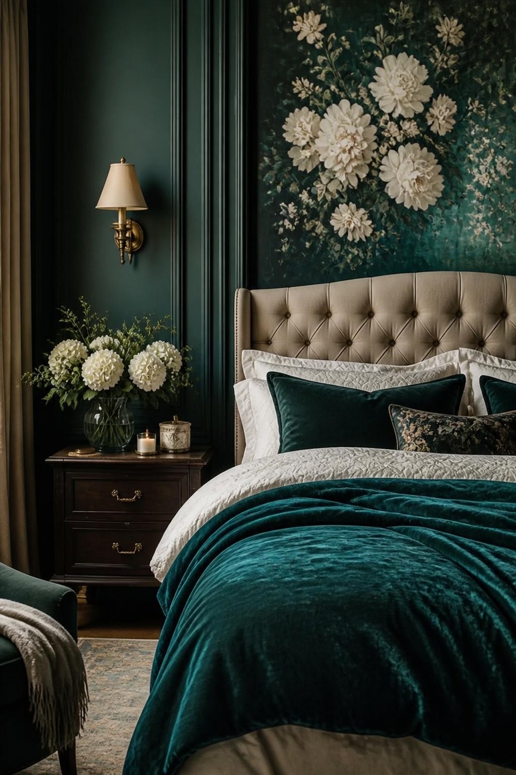 A refined bedroom with a deep emerald paneled wall and a floral mural in dreamy blue-greens and ivory as the sophisticated centerpiece.