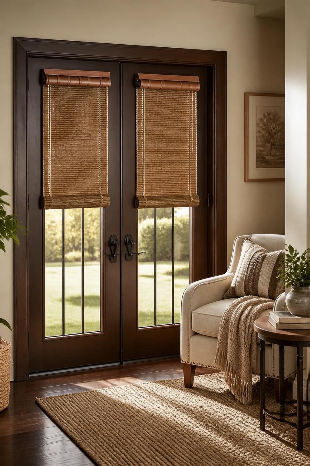 A cozy sitting nook adjacent to double french doors adorned with richly textured bamboo roller blinds, highlighted by the golden glow of nat.