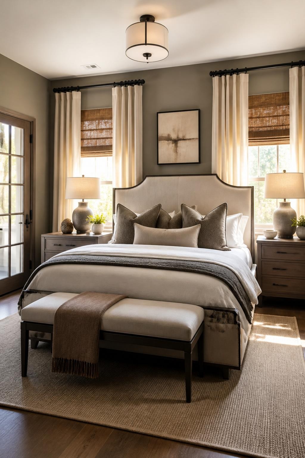 This contemporary bedroom showcases layered window treatments, with natural brown woven Roman blinds offset by heavy oatmeal drapes hung on.