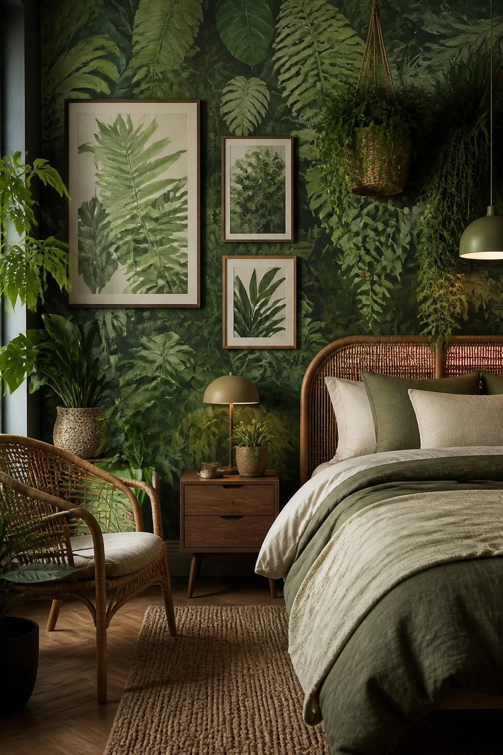 A vibrant, jungle-inspired bedroom brings the outdoors in with oversized green leaf wallpaper, framed botanical prints, and an abundance of.