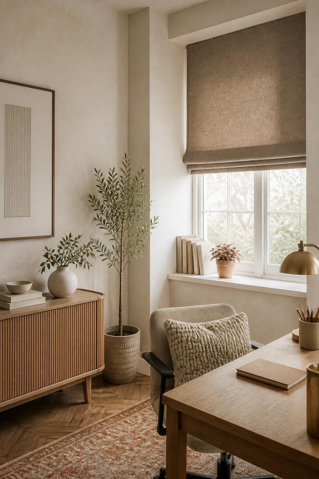 A modern minimalist home office space with a small window fitted with a thick taupe Roman blind.