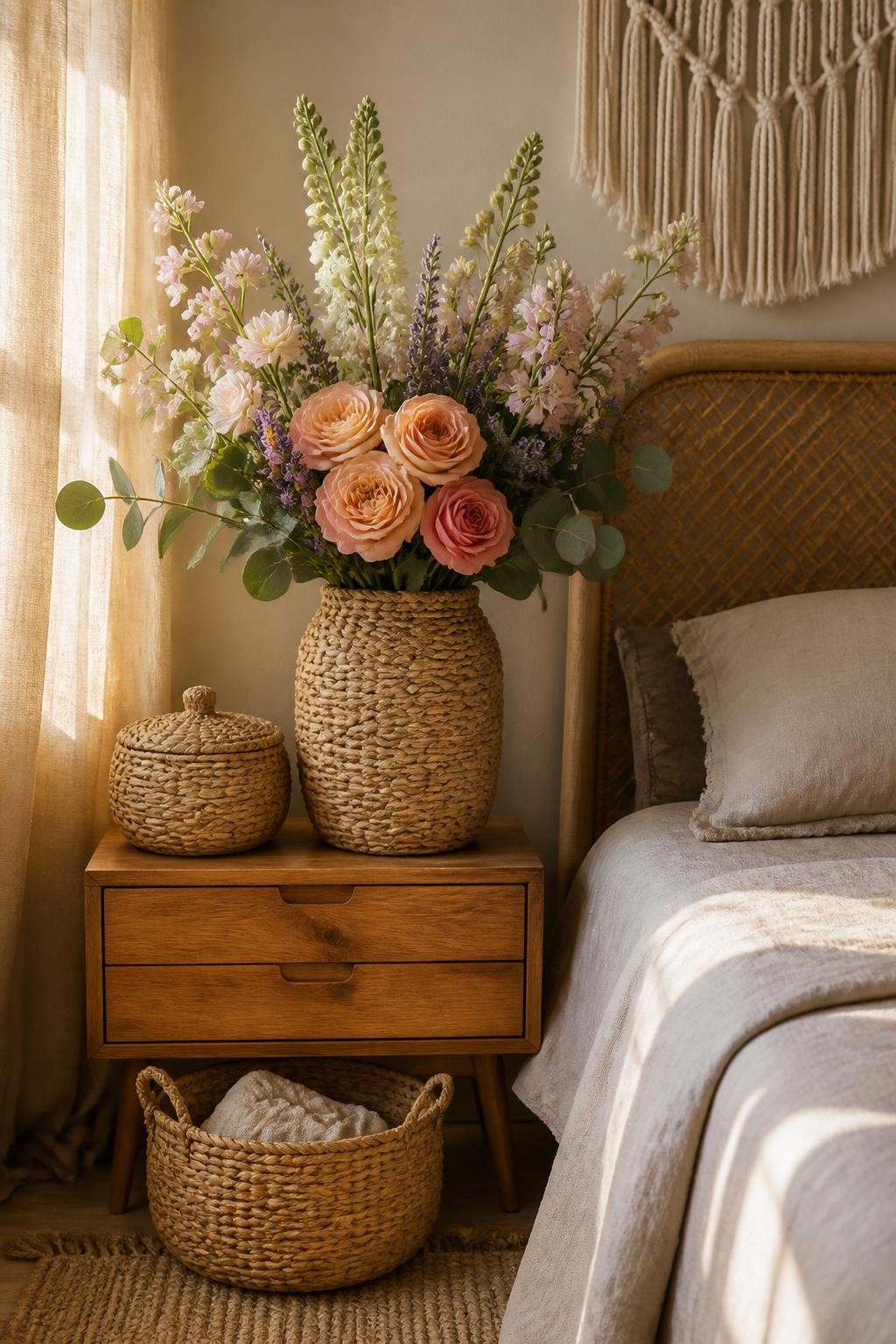 A sun-drenched neutral-toned bedroom accented by a striking tall woven basket vase overflowing with garden roses, eucalyptus, lavender, and.
