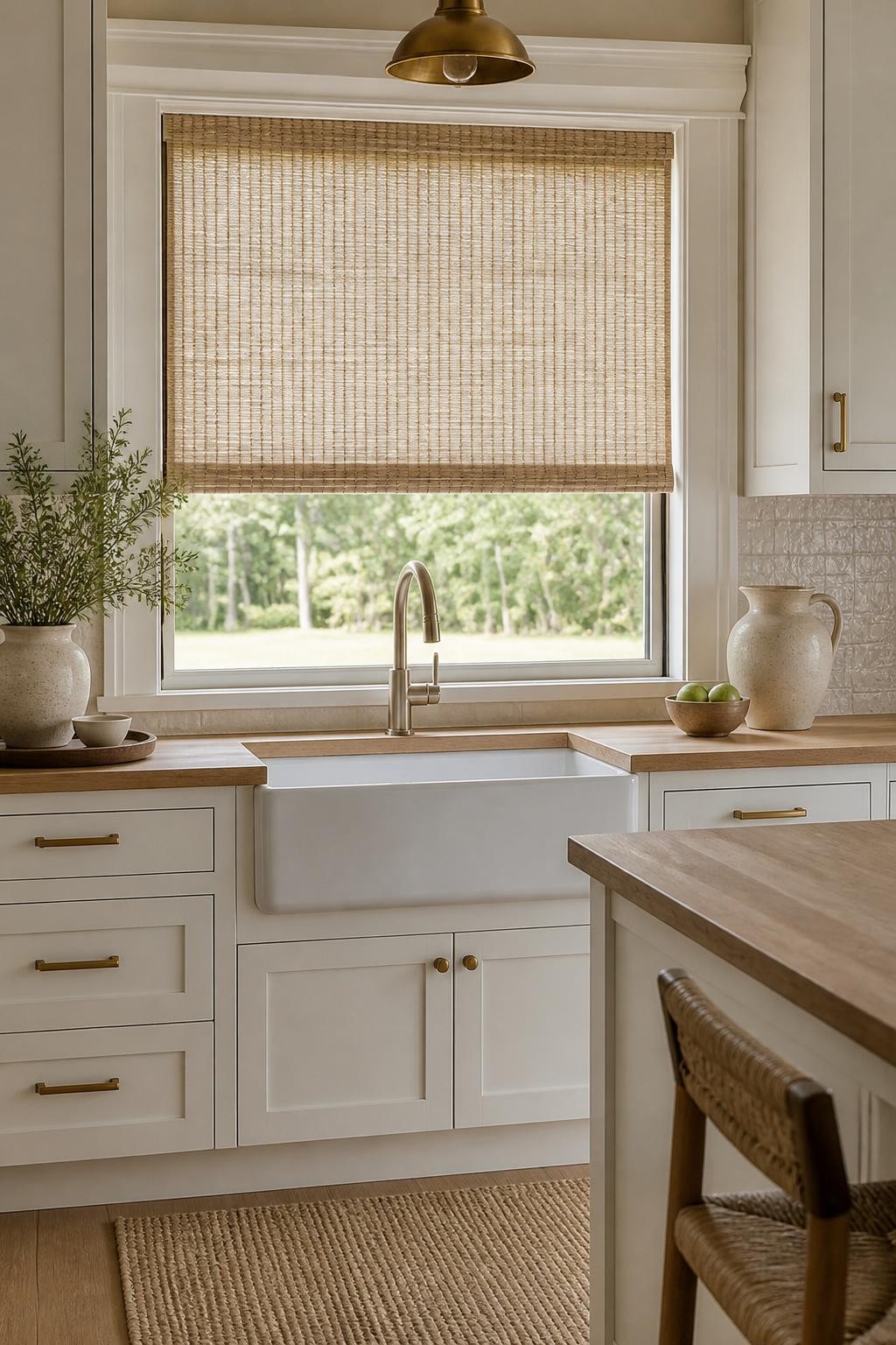 In this soft modern kitchen, woven natural fiber blinds bring subtle texture above a single-basin farmhouse sink, surrounded by creamy cabin.