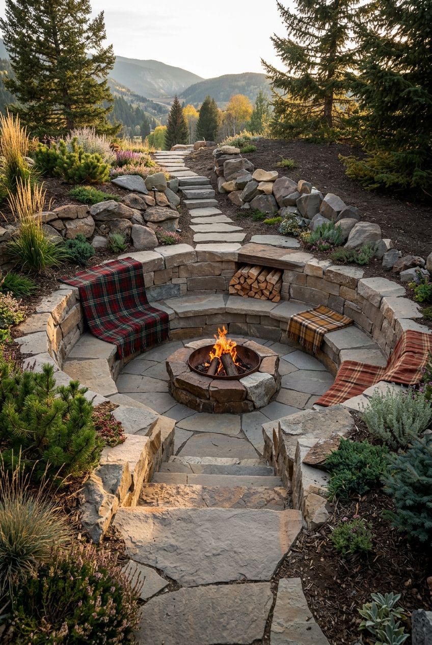 Portray a multi-level, stone-flagged sunken fire pit built into a sloped garden.