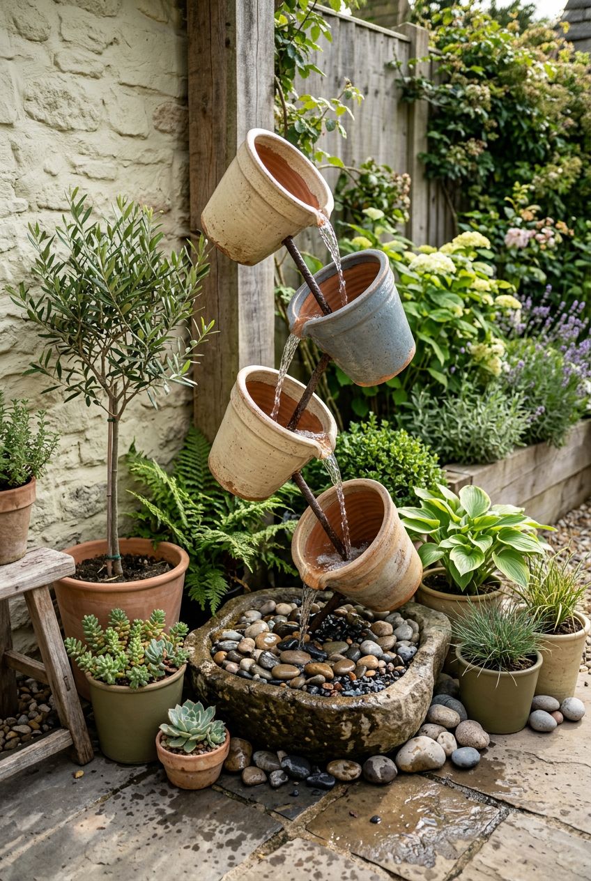 Design a playful patio corner fountain featuring four matching ceramic flower pots threaded onto an off-center support and tilted dramatical.