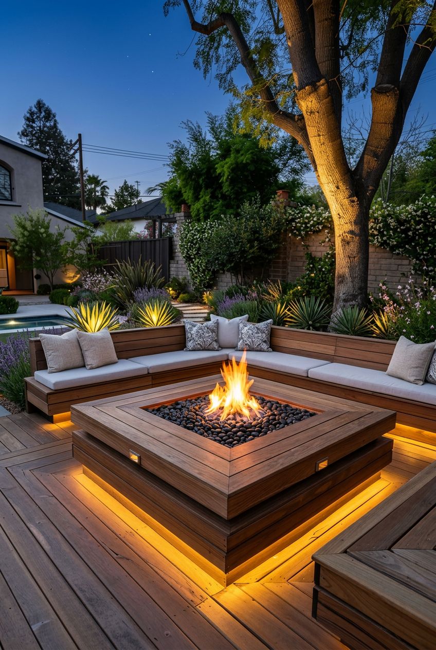 Immersed in timber decking and framed by lush perimeter planting, this poolside-inspired fire pit zone features a striking square fire pit w.
