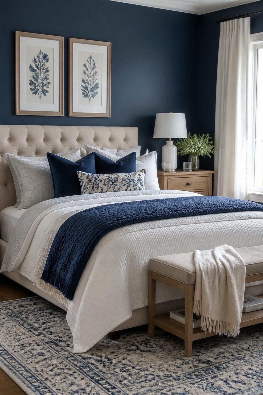 A minimalist yet inviting navy floral bedroom, featuring deep blue matte walls as the backdrop for a deeply tufted cream headboard and an in.