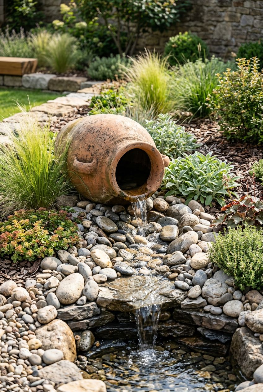 Design a tranquil garden bed featuring a large weathered ceramic flower pot laid completely on its side, partially buried among smooth river.