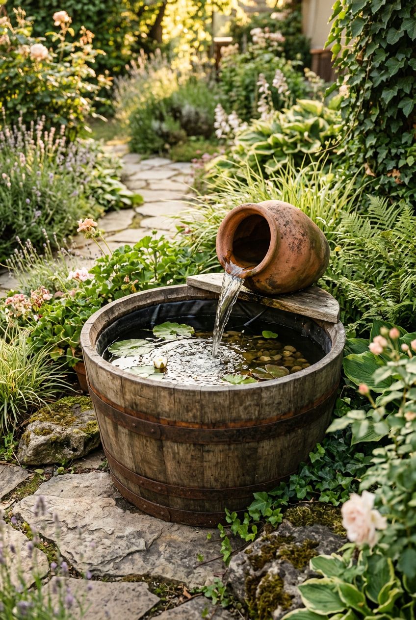 Feature a rustic wine barrel planter fountain with a smaller clay pot mounted on the rear edge and tilted forward as though pouring fresh wa.