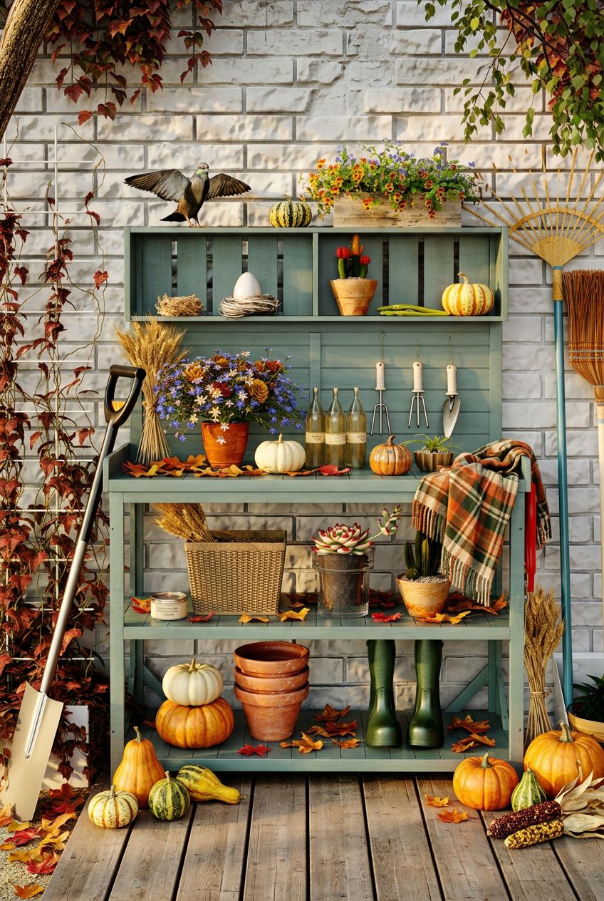 Large Wooden Farmhouse Rustic Outdoor Potting Bench Table