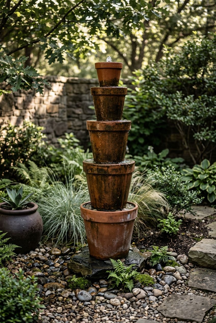 Create an elegant vertical fountain made from five stacked terra cotta pots arranged in descending sizes to form a towering obelisk.
