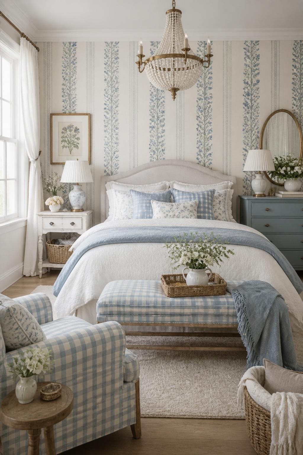 A traditional cottage bedroom with stately blue striped floral wallpaper providing height and visual interest.