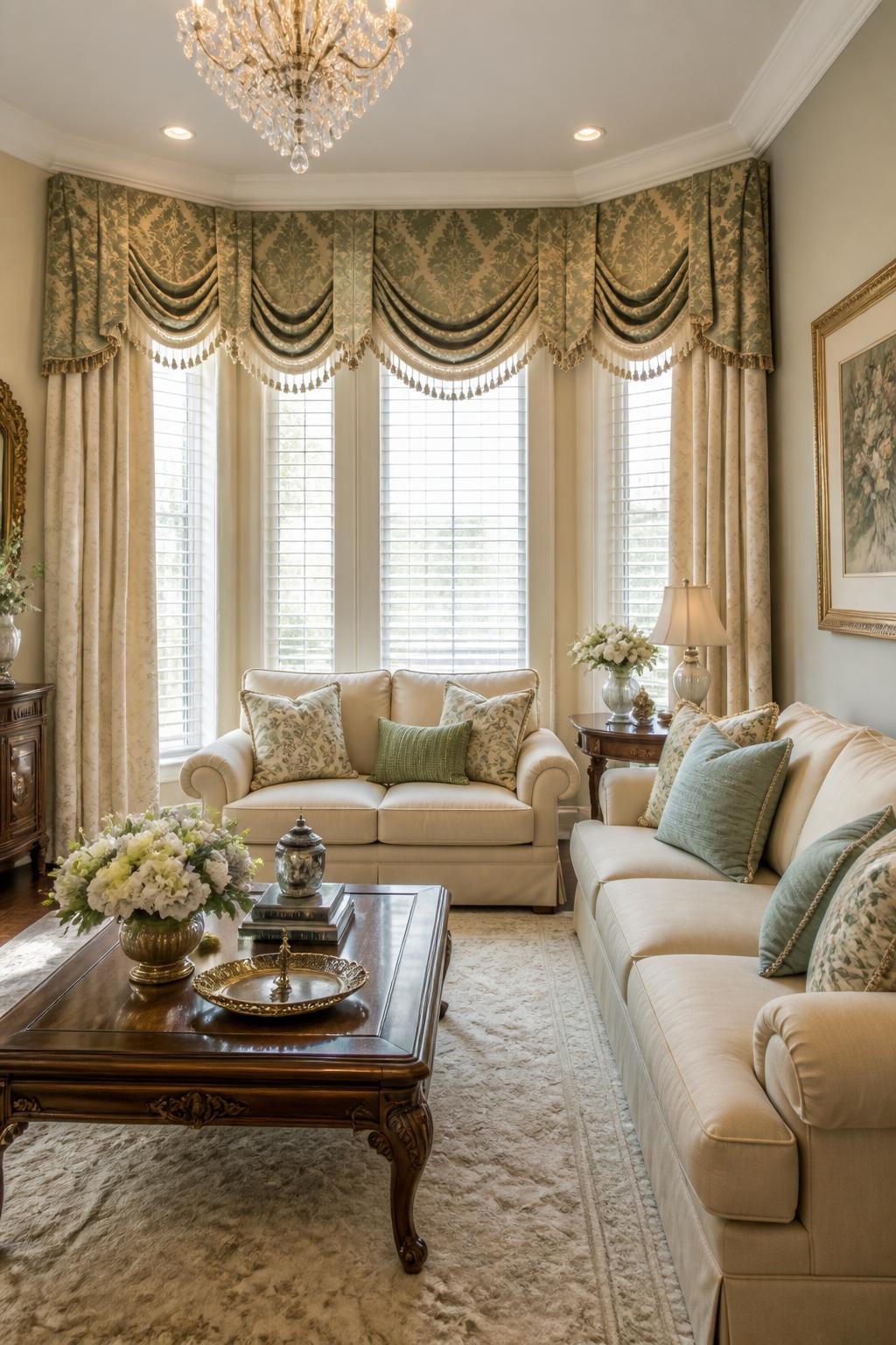 A sumptuous traditional living room designed with a grand multi-pane window wall, featuring lavishly draped damask valances in pale green an.