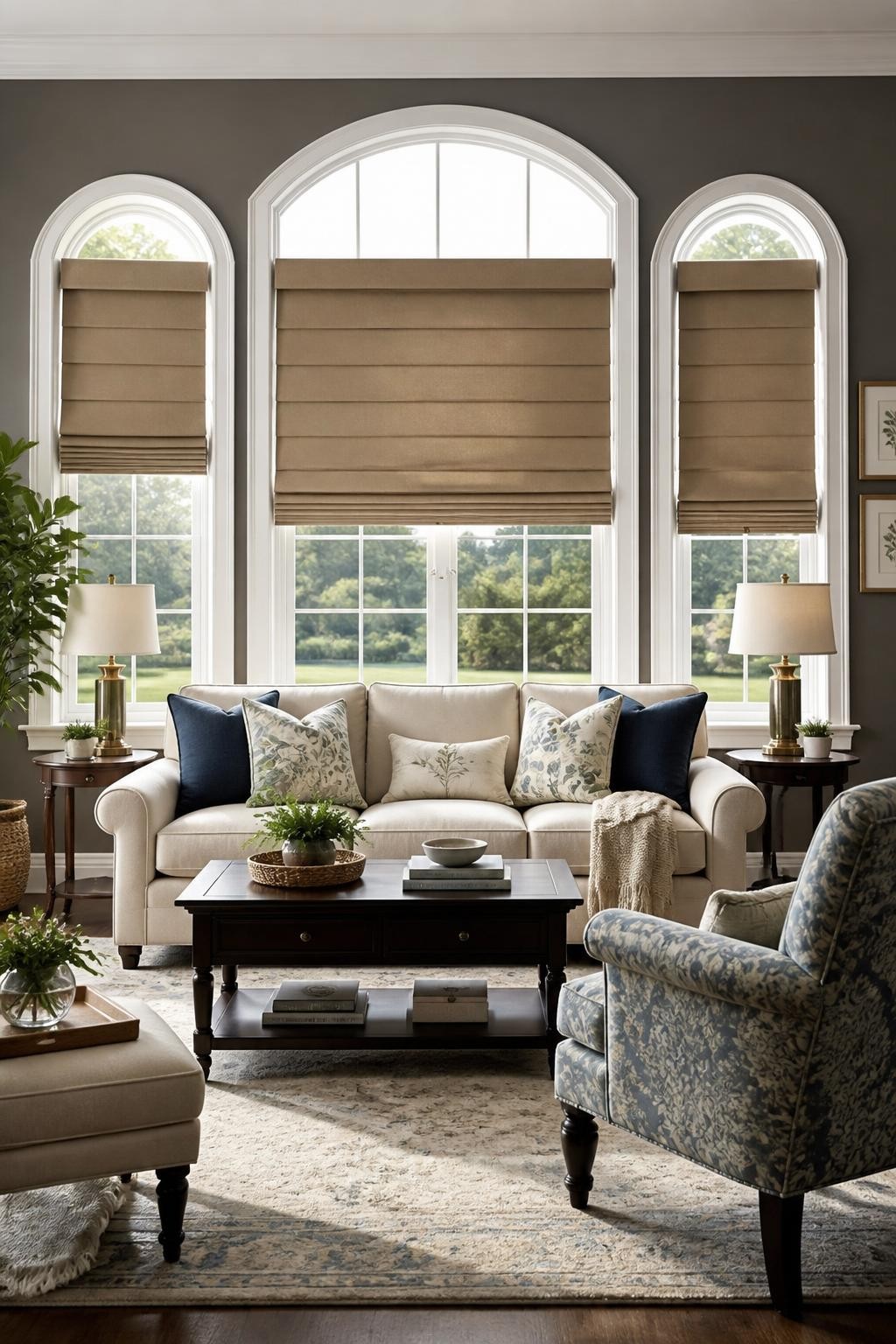 An inviting traditional living room featuring arched windows with custom Roman shades in a soft tan hue.