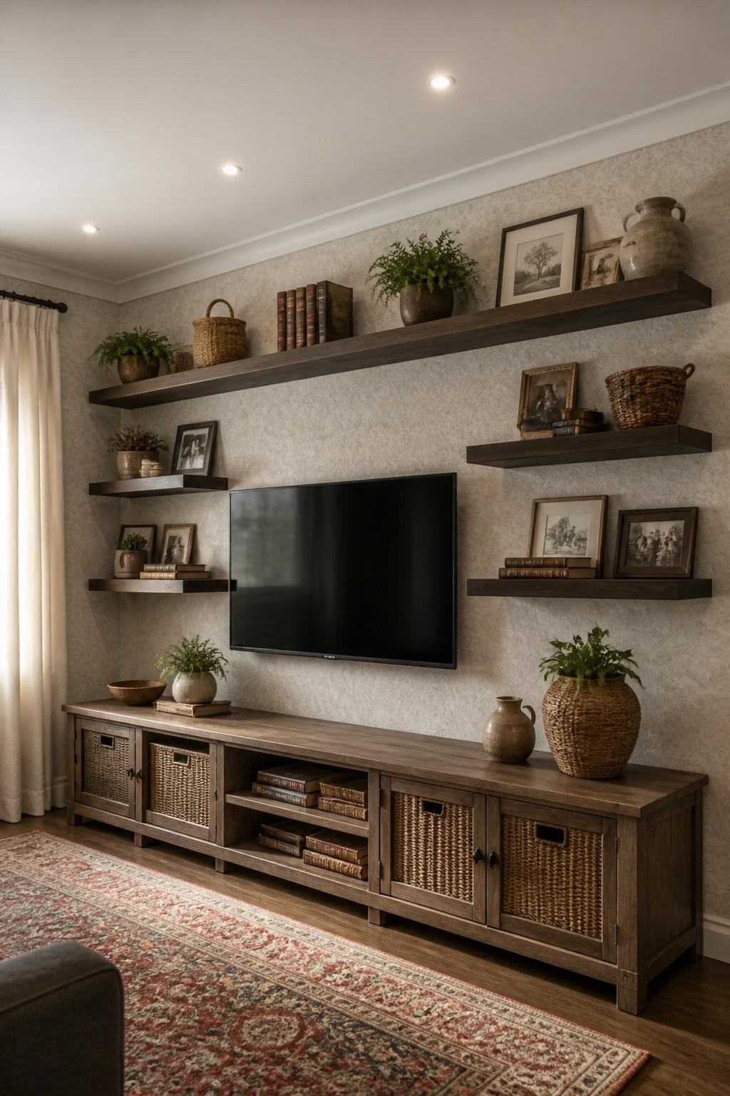 A traditional living room where wood floating shelves are set against wallpaper with a delicate, vintage-inspired pattern around a central T.