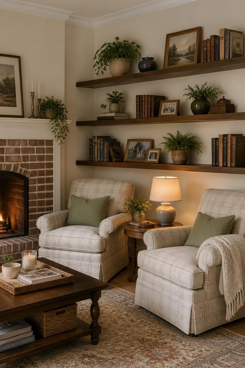 A warm, traditionally styled living room exuding cozy charm, anchored by two plaid-upholstered armchairs arranged beside a classic brick fir.