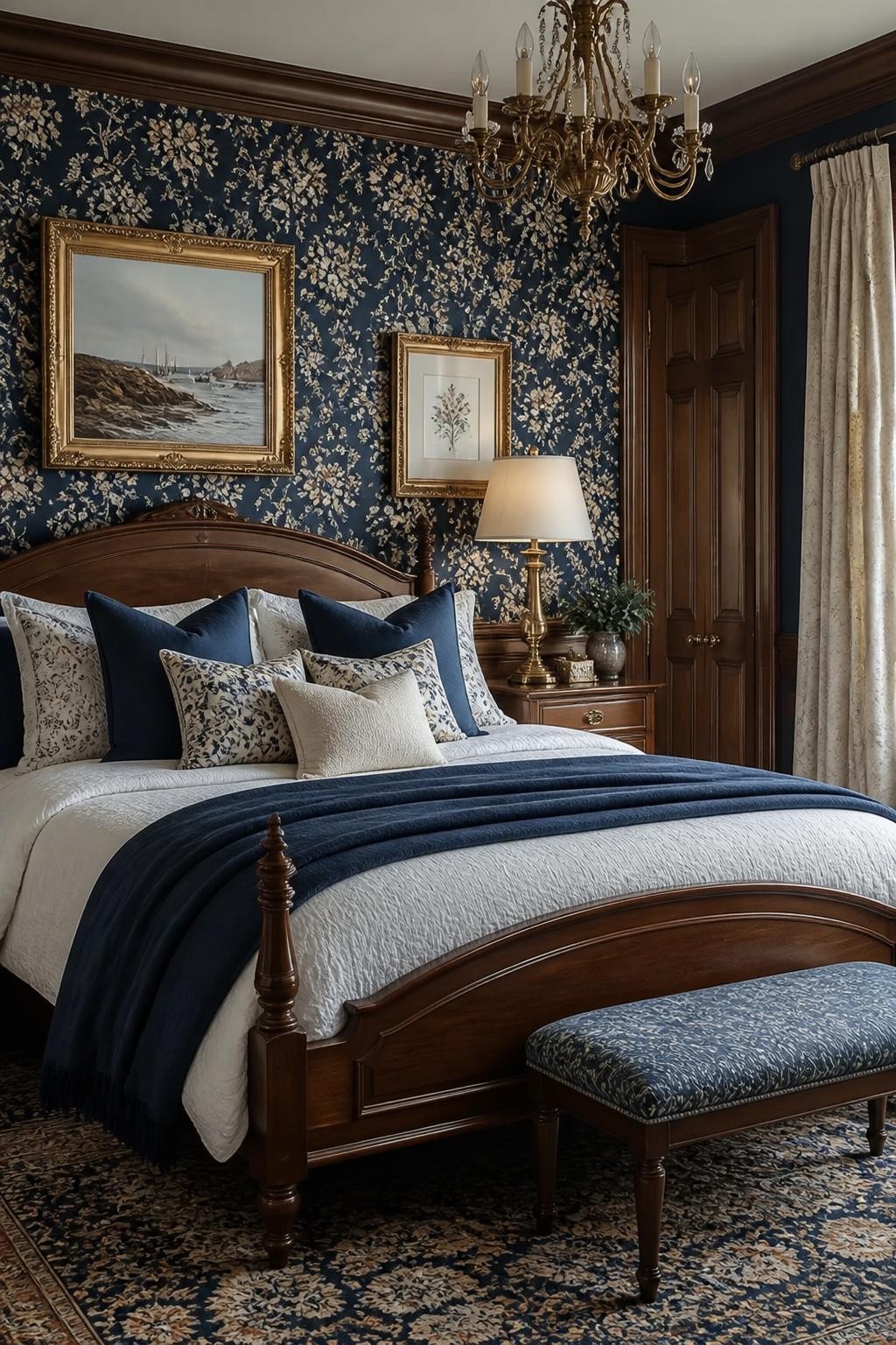 A traditional bedroom designed with navy floral wallpaper, highlighted by gilded elements and elegant wooden furniture.