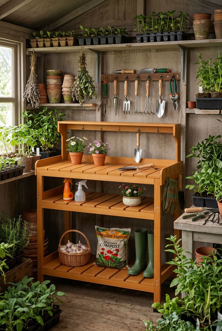Use the uploaded Extra-Large Garden Potting Bench exactly as the reference product, keeping its honey-toned wood frame, slatted shelving, up.