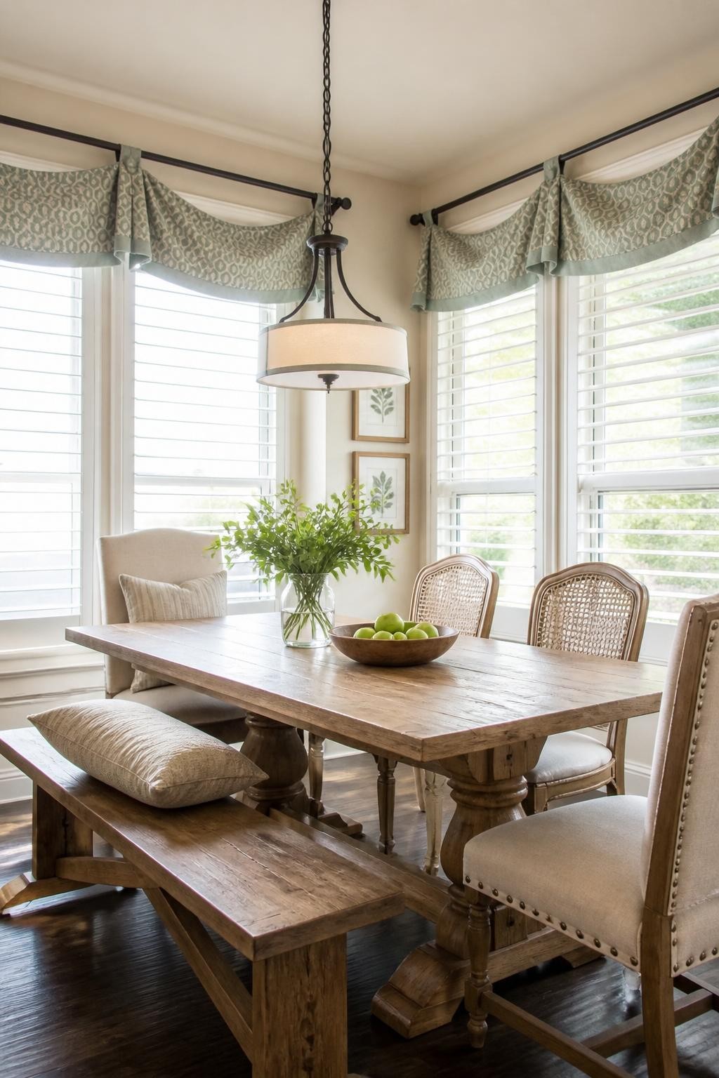 A transitional breakfast room with soft daylight streaming in through multiple windows, each dressed in white blinds and adorned with gentle.