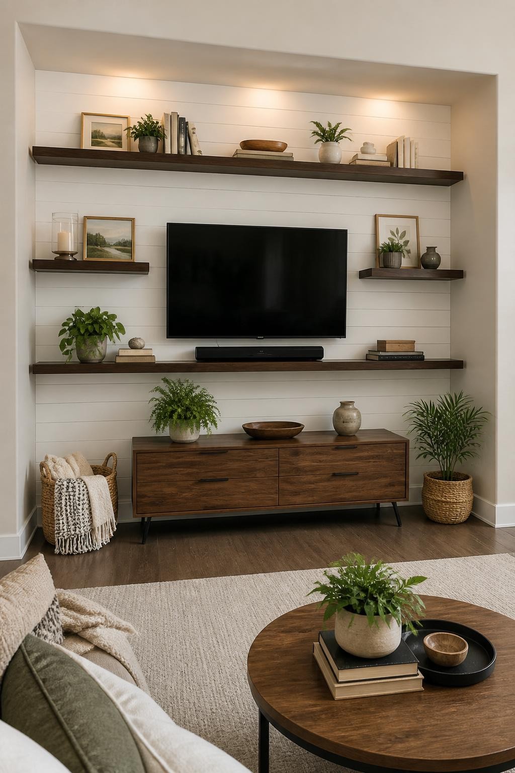 A transitional built-in TV nook framed by deep walnut floating shelves, set against a backdrop of crisp white shiplap paneling.