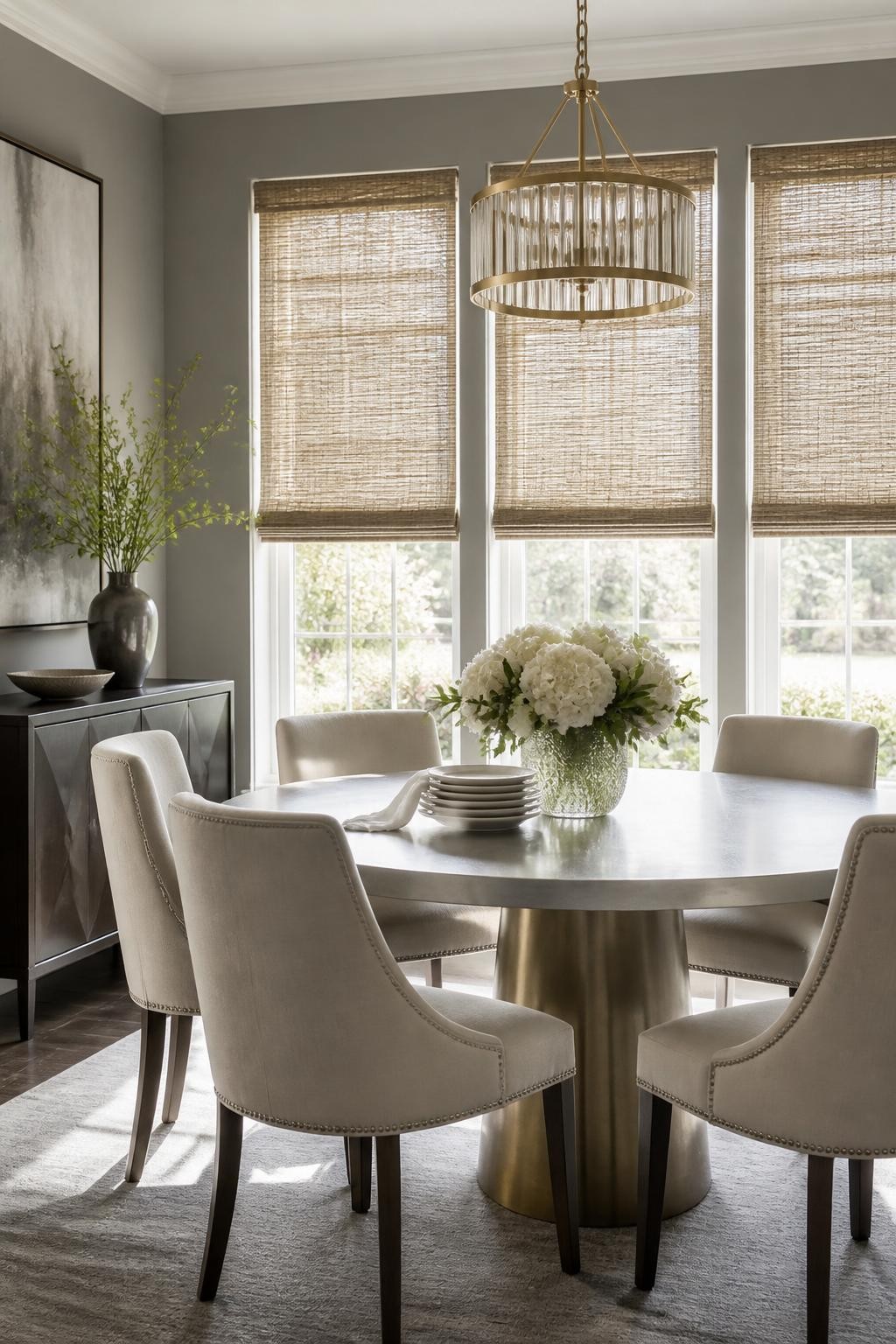 A transitional dining room is anchored by three large windows, each dressed in uniform, rustic woven wood shades that cast soft, diffused li.