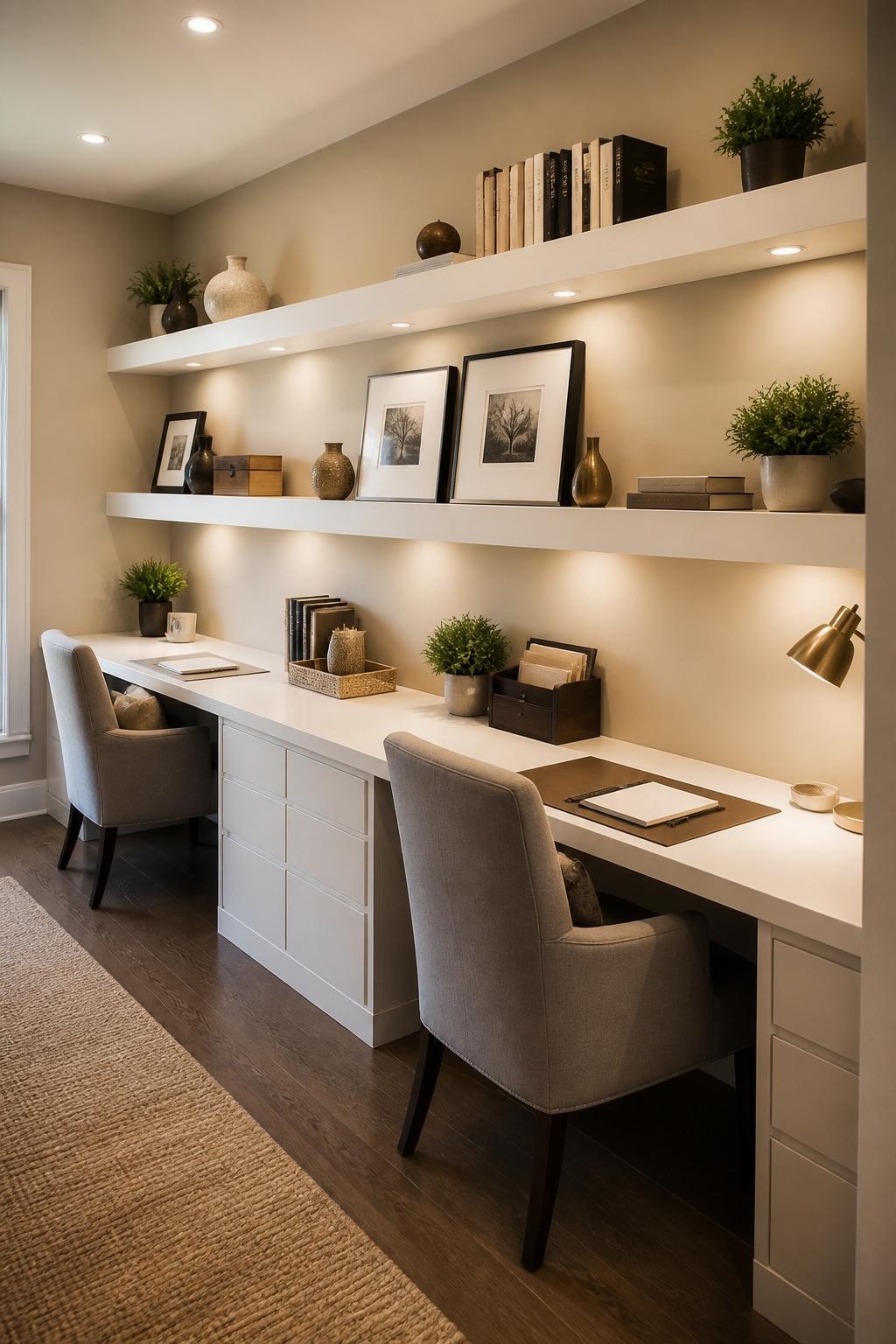 This transitional dual-desk workspace is infused with soft taupe tones and warmth from broad plank floors, featuring oversized white floatin.