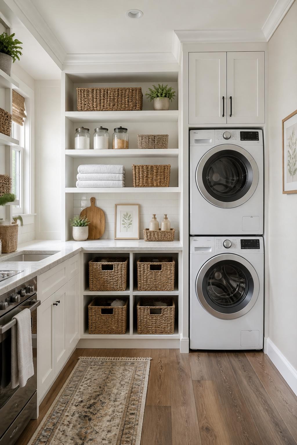 A high-functioning transitional laundry room with a stackable washer and dryer set tucked beside tall white cabinetry.