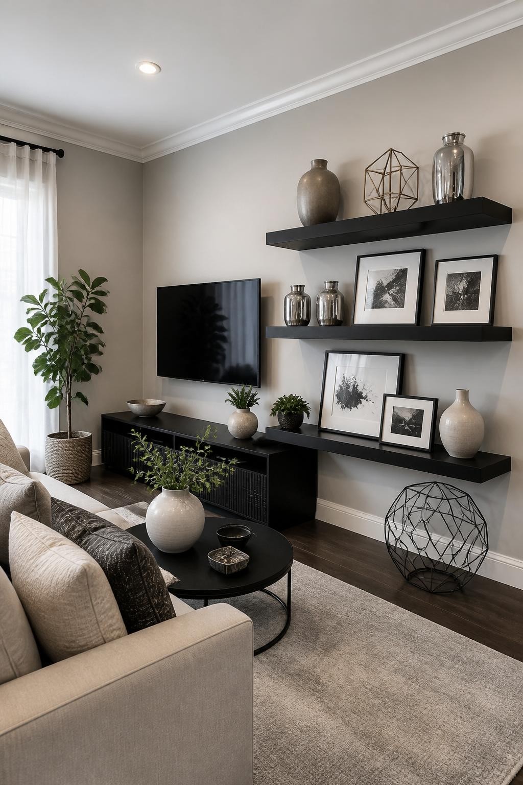 A transitional living room layered in calming neutrals highlights two bold black floating shelves outfitted with modern vases, silver metall.
