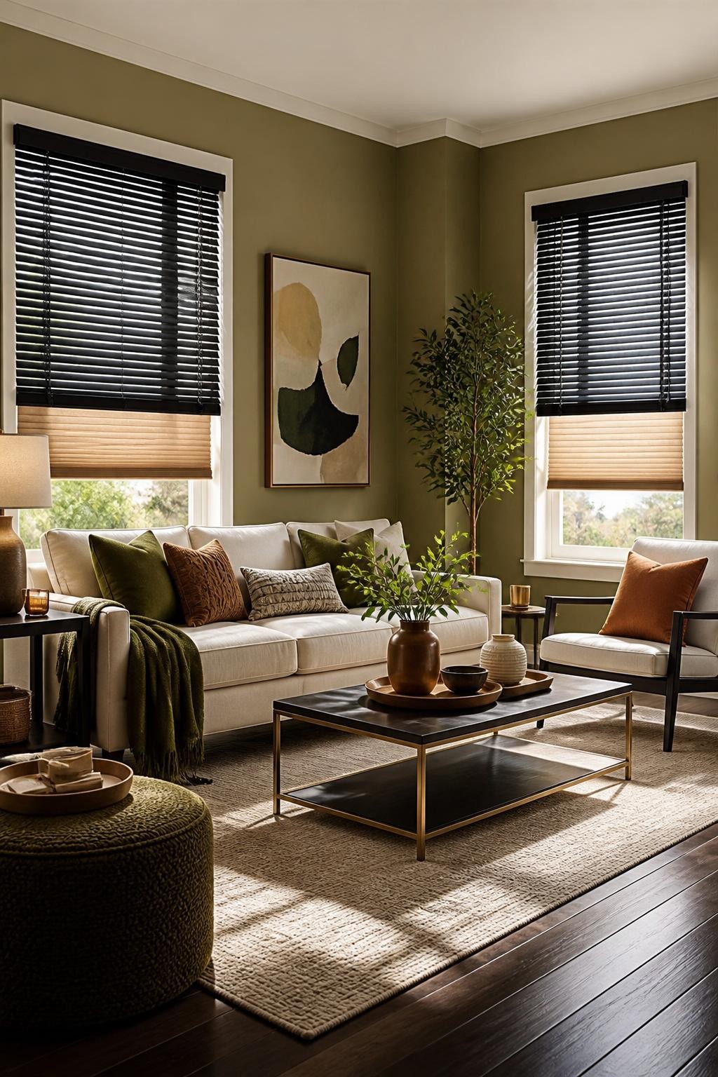 A transitional living room blending olive green walls with a cream sofa, accentuated by dramatic black venetian blinds layered over honeycom.